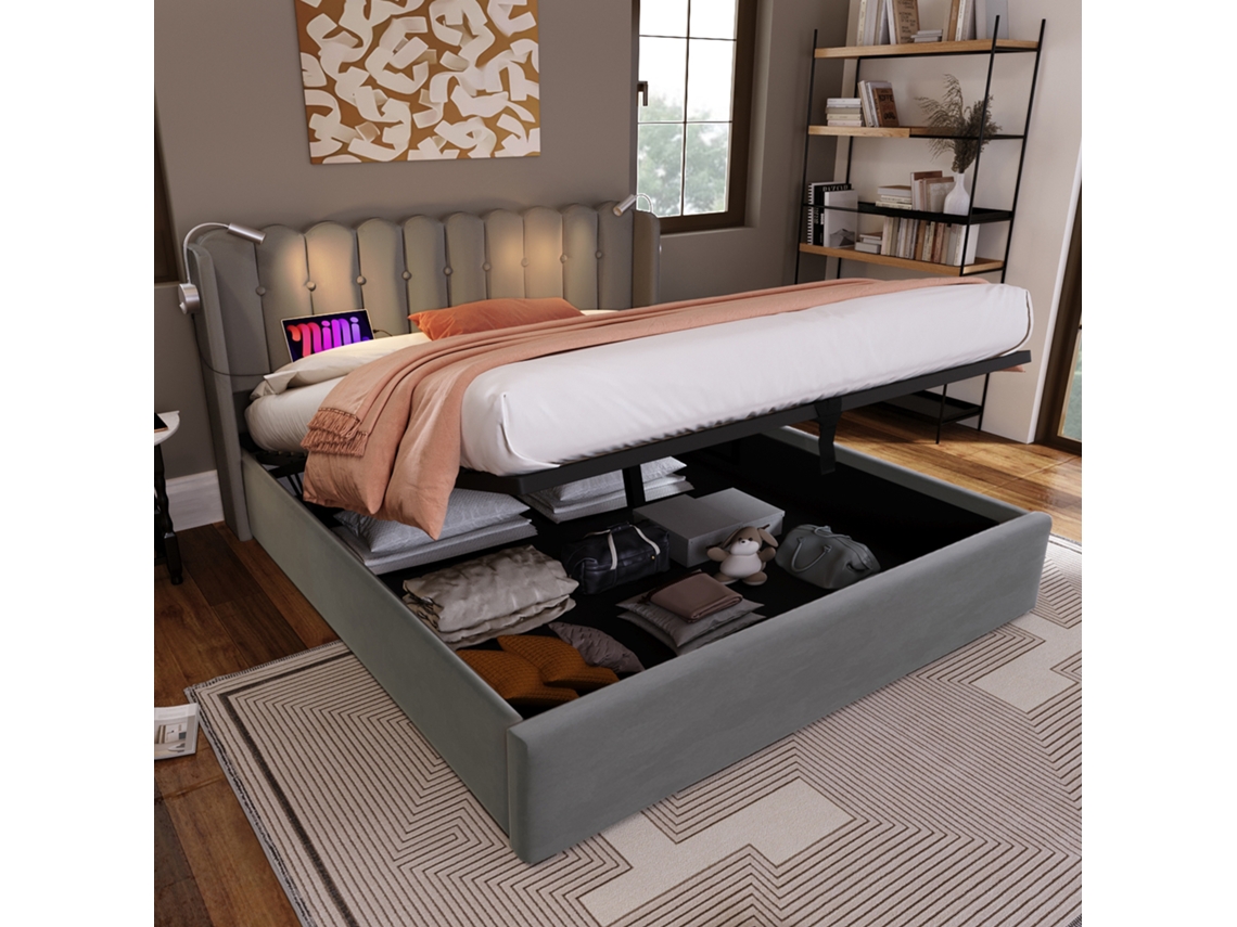 Polsterbett 140x200 Com Luz De Leitura, Carga E Armazenamento Lattice Cinza