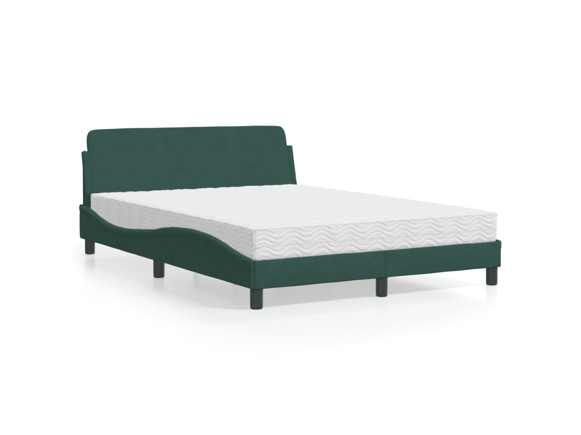Cama Com Colchão 140x200 Cm Veludo Verde-escuro
