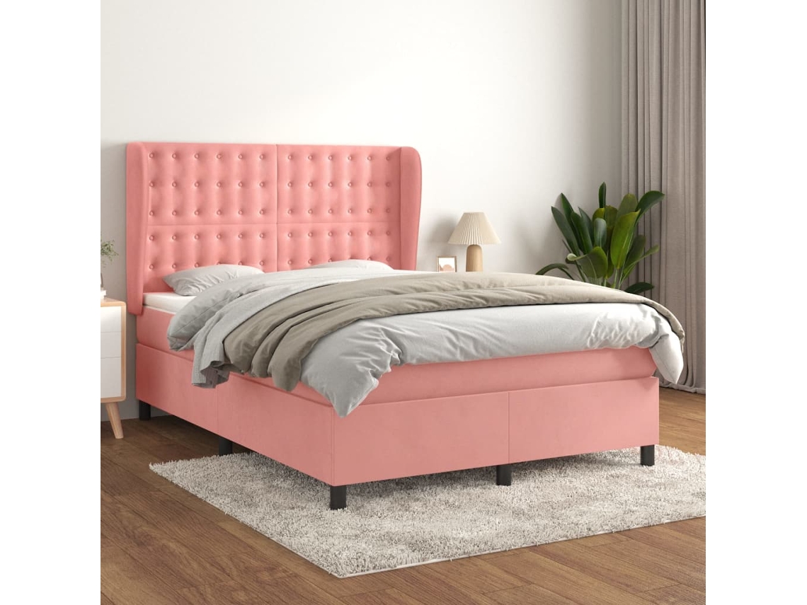 Vidaxl Cama Com Molas/colchão 140x190 Cm Veludo Rosa