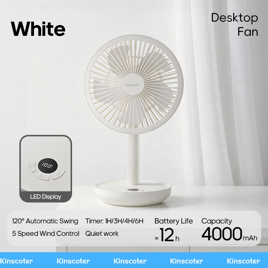 Ventilador de Mesa Oscilante Inteligente, 4000mah, 5 Velocidades, Operação Silenciosa MDUG (branco)