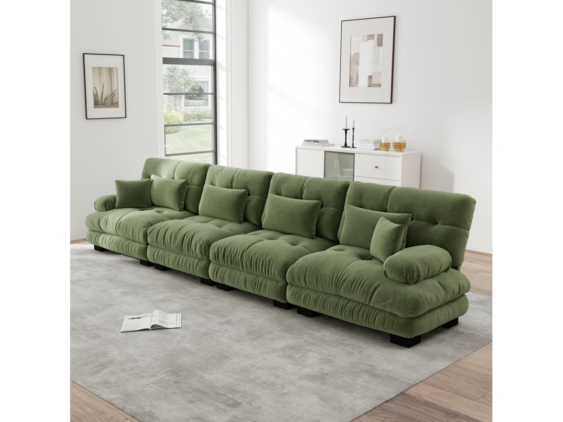 Sofá modular Edge de 4 lugares em chenille com assento profundo, verde.