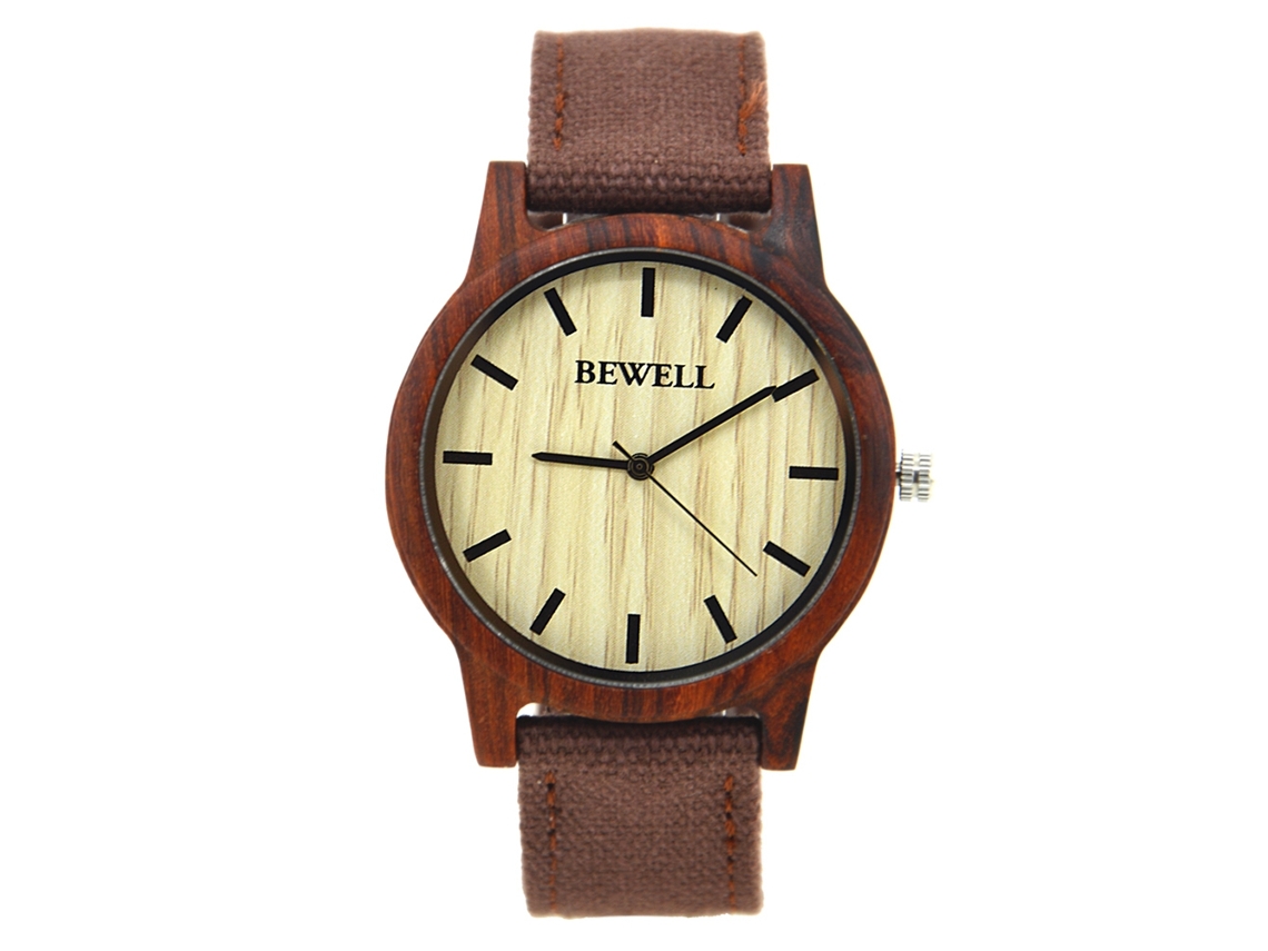 Relógio masculino de madeira de bambu com pulseira de lona e movimento de quartzo (vermelho)