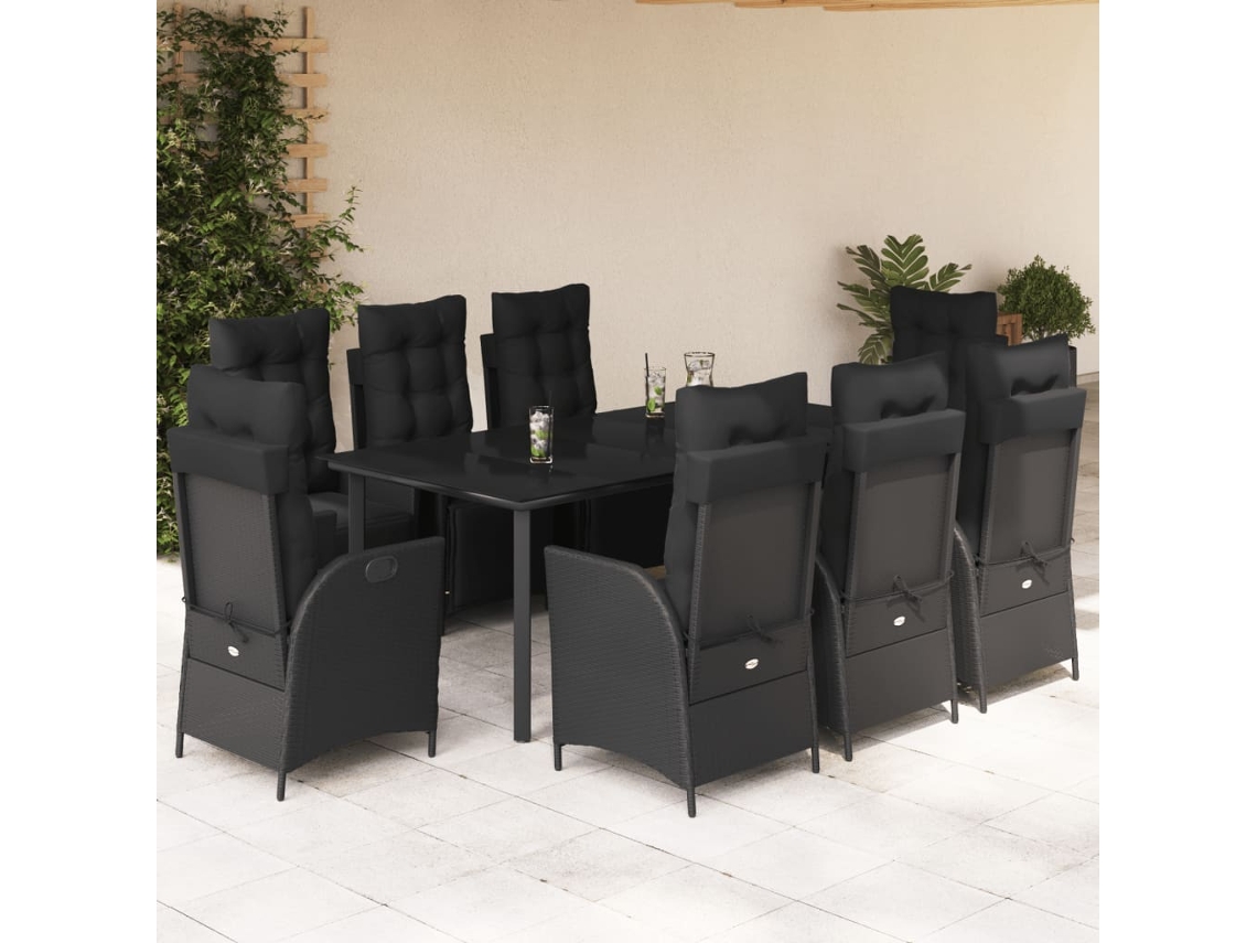 Vidaxl 9 Pcs Conjunto de Jantar P/ Jardim C/ Almofadões Vime Pe Preto