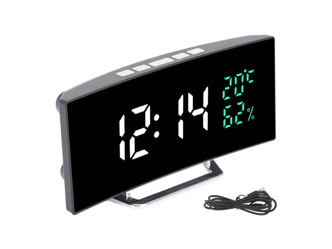 Reloj Despertador Led Espejo Pantalla Curva Temperatur Humedad Modo Snooze 12/24h