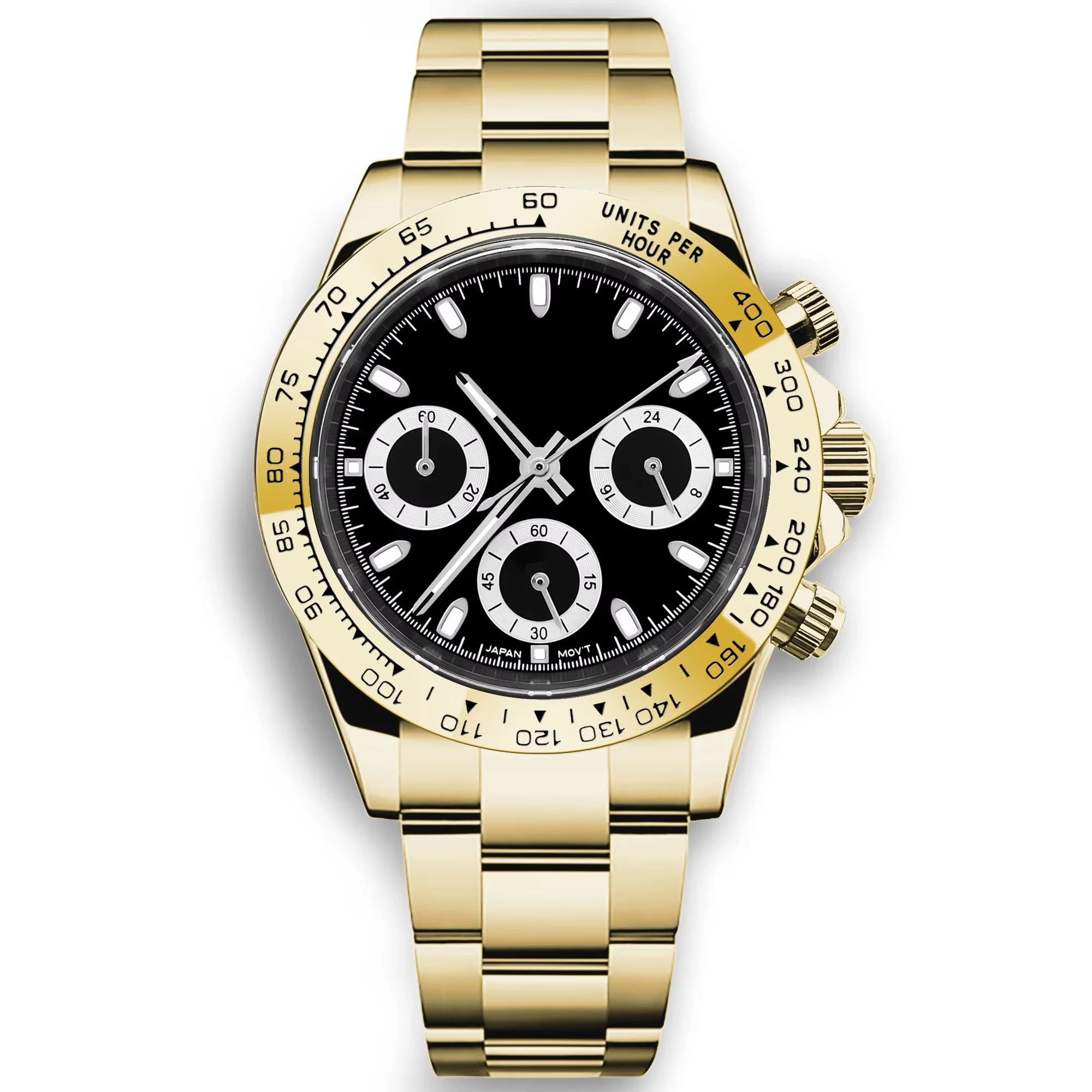 Relógio Masculino De Quartzo (preto E Dourado) 39 Mm, Cristal De Safira E Pulseira De Aço Inoxidável, Modelo Esportivo.