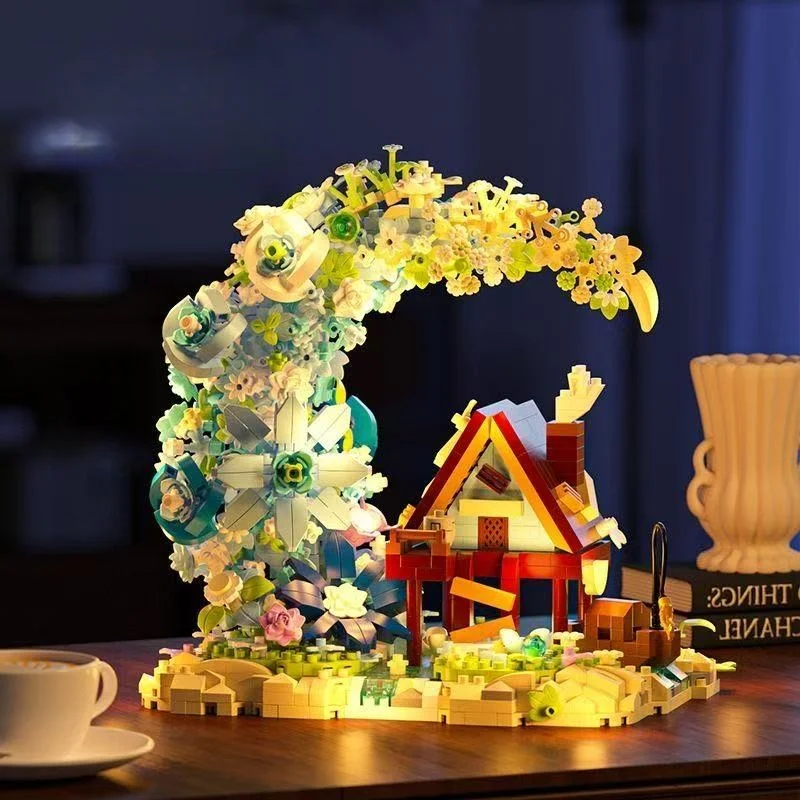 Conjunto De Blocos De Montar Casa Na Árvore Ao Luar, Arte Flor Da Lua