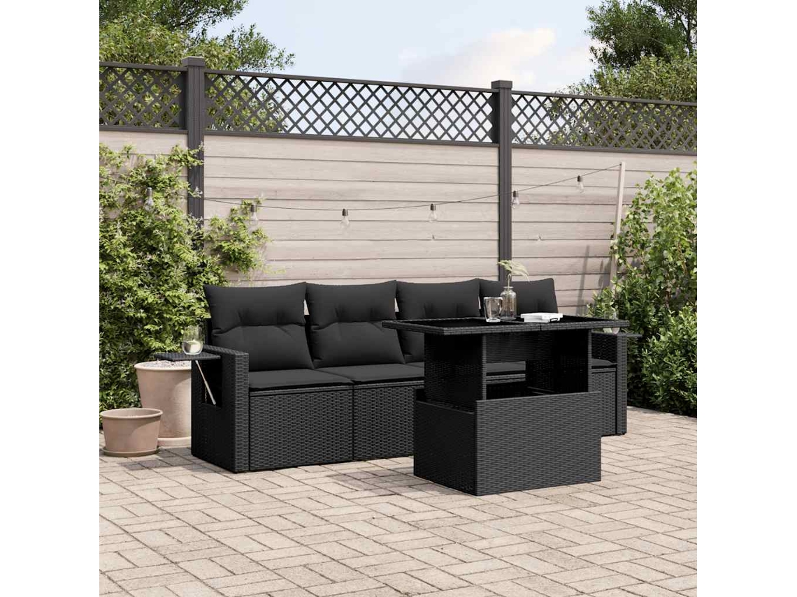 Vidaxl 5 Pcs Conjunto Sofás De Jardim Com Almofadões Vime Pe Preto