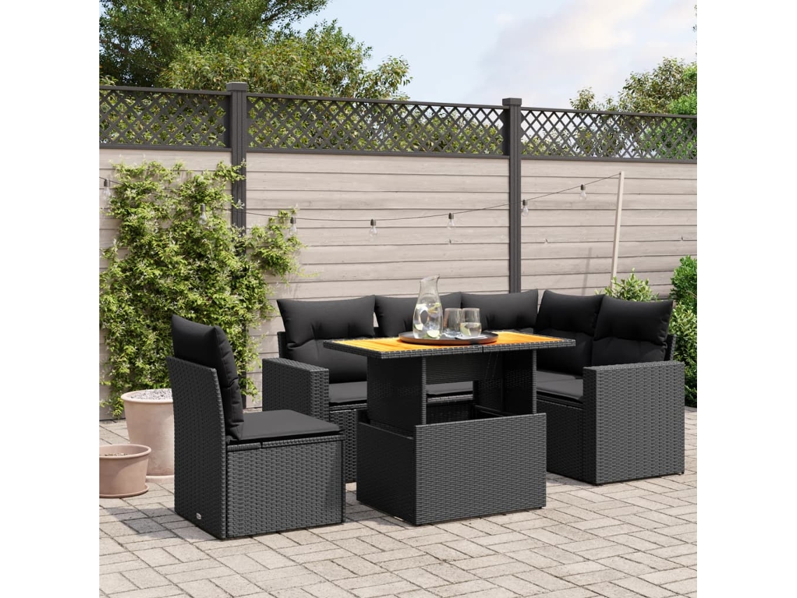 Vidaxl 6 Pcs Conjunto Sofás De Jardim C/ Almofadões Vime Pe Preto