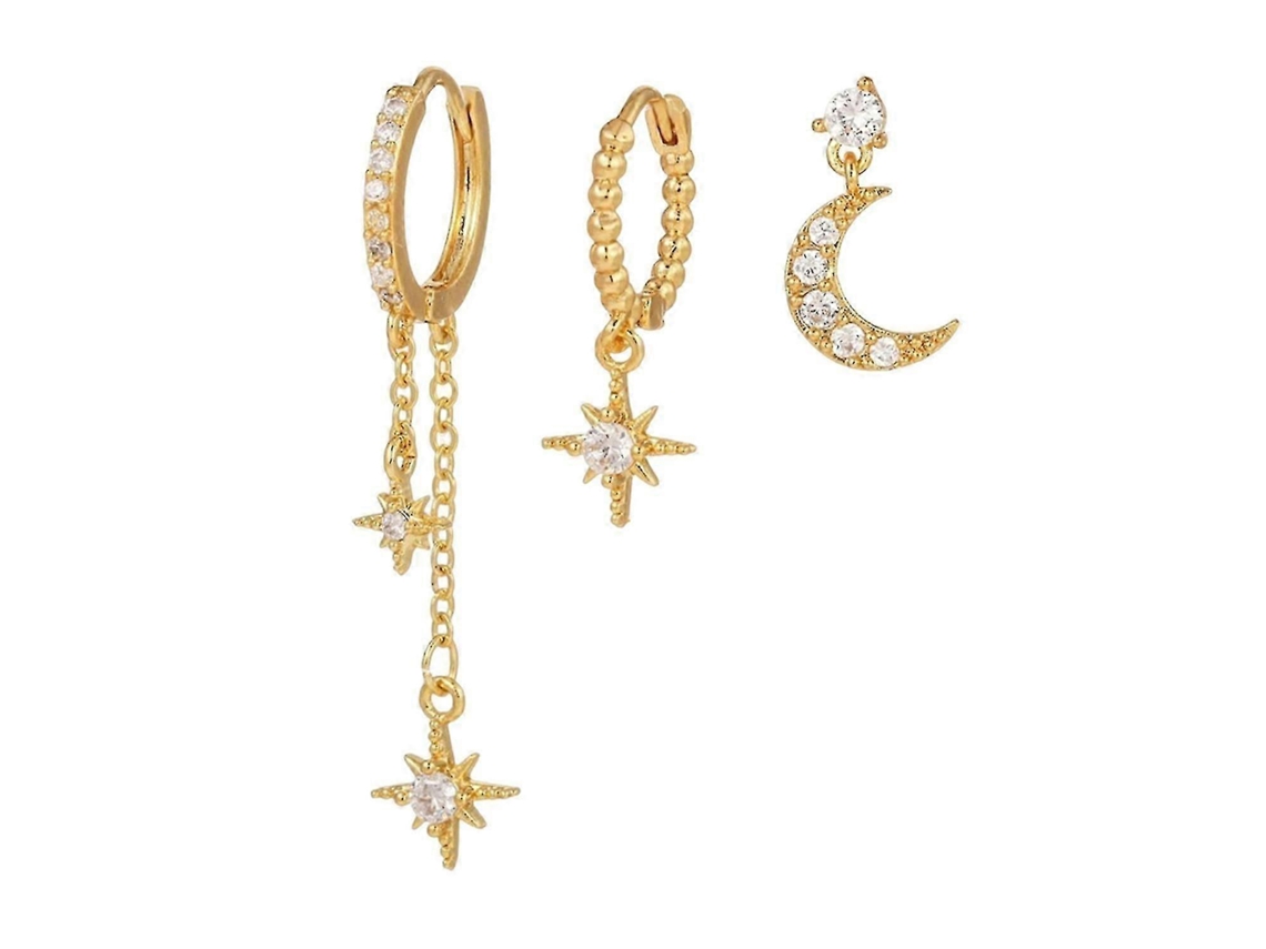 Conjunto De 3 Pares De Brincos Lua E Estrela, Dourados Com Strass, Para Mulheres