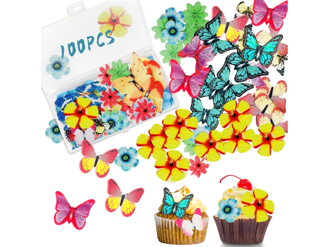 Pacote De 100 Decorações Comestíveis Para Bolo Borboletas E Flores, 50 Borboletas 50 Flores Em Papel Comestível, Toppers Para Cupcake Em Papel Wafer