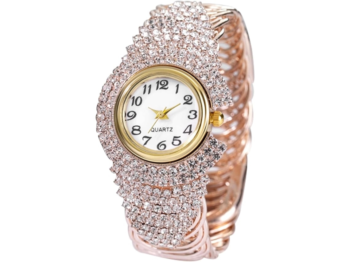 Feminino Relógio de Cristal Pulseira Relógio de Diamante Mostrador Redondo Relógio de Pulso-Rosa Ouro