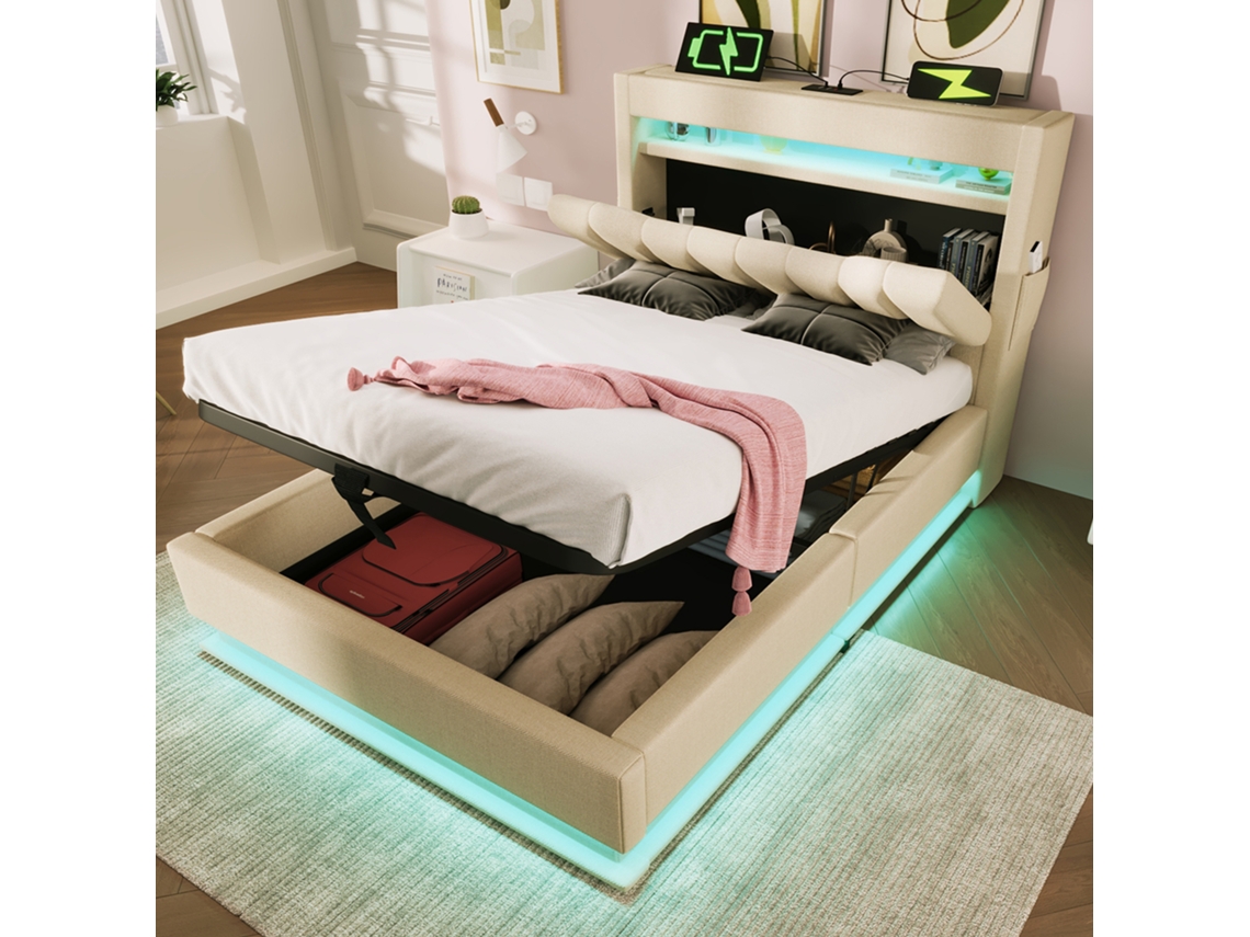 Cama Solteiro 90x200cm Bege Com Armazenamento Usb Tipo-c Led
