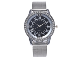 Relógio de pulso unissex com pulseira de malha, modelo Diamond Fashion Quartz, prateado e preto.