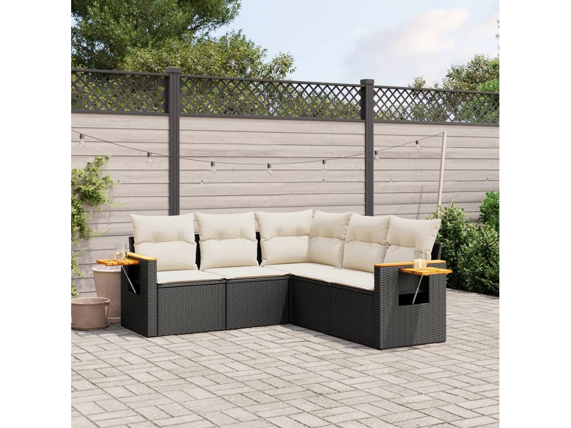 Vidaxl 5 Pcs Conjunto Sofás De Jardim Com Almofadões Vime Pe Preto