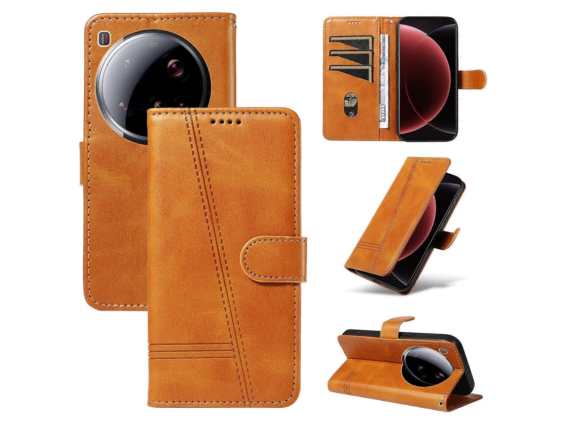 Capa Tipo Carteira Para Xiaomi 15 Ultra Com Linhas Em Formato De T E Suporte Em Couro Marrom