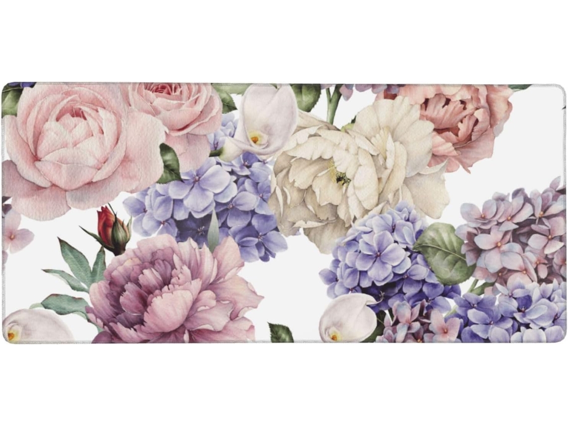 Mousepad para Computador de Grande Formato com Estampa Floral em Aquarela e Base Borracha Antiderrapante, 40 X