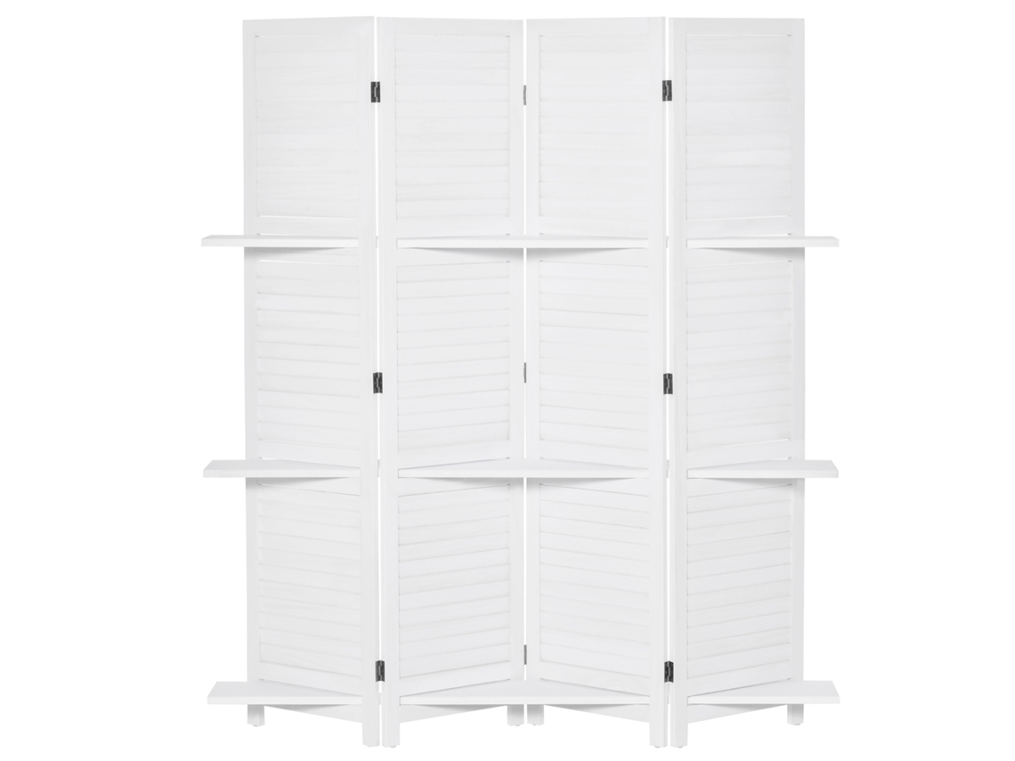 Biombo 4 Painéis Madeira 160x170cm Branco, Separador de Ambiente Dobrável, 3 Prateleiras Removíveis e Desenho Persiana para Quarto e Escritório.