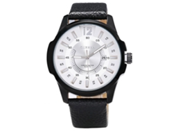 Relógio masculino elegante com movimento de quartzo, caixa preta e mostrador branco.
