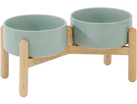 Tigela de cerâmica elevada para cães com suporte para cães de raças médias e grandes, tigela para comida e água Beijiyi (tigela dupla com suporte verde claro, 15,5 cm)
