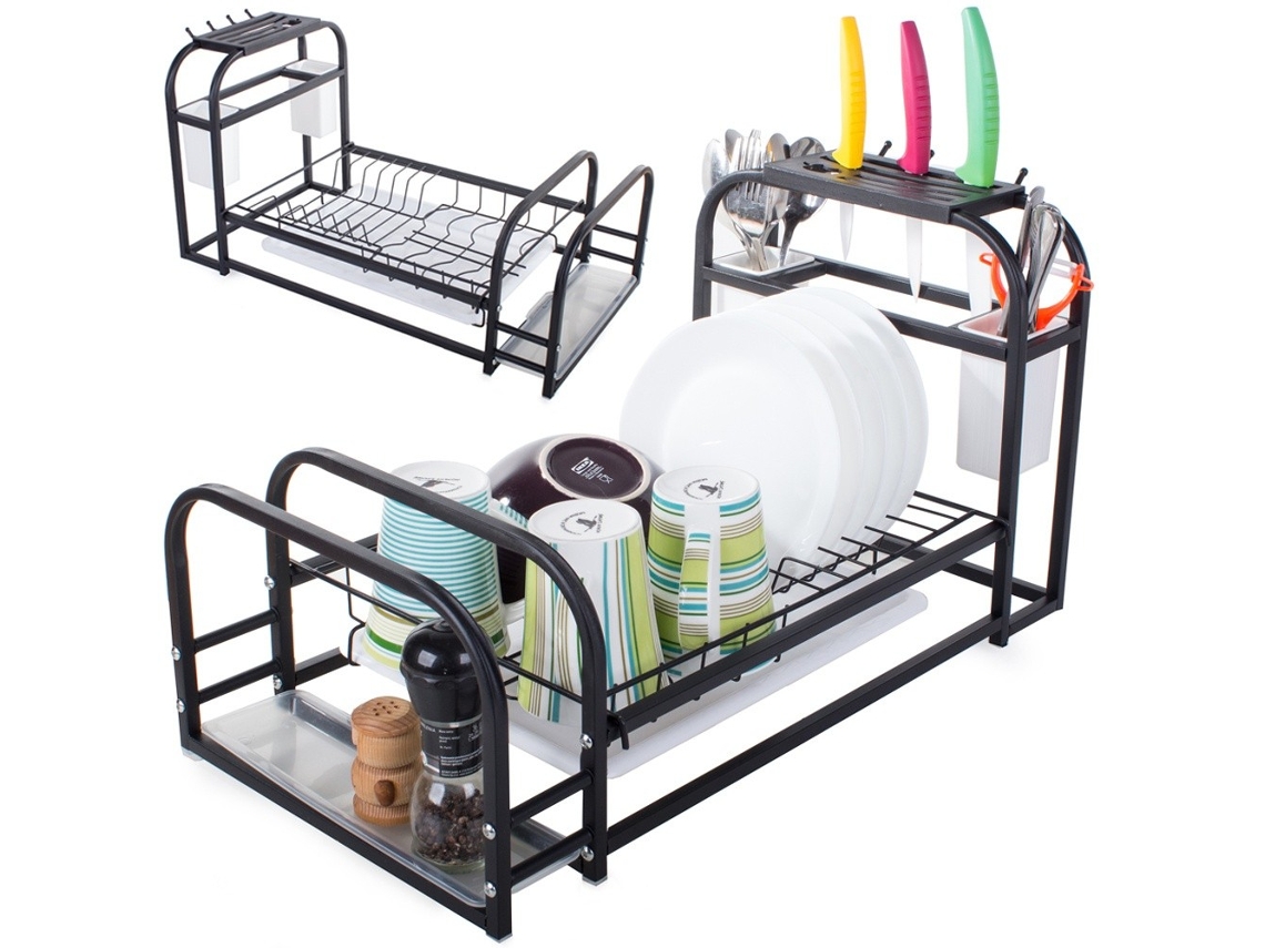 Rack De Secagem Pratos Com Bandeja Drenagem, Preto, Capacidade Para 6 Porta Talheres, Bancada Cozinha