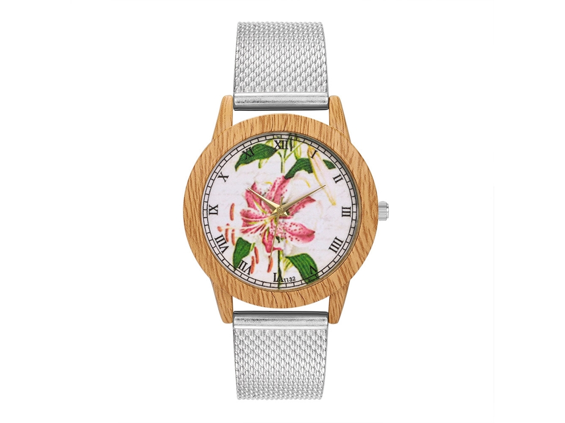 Reloj De Cuarzo Unisex Con Correa De Silicona Y Estampado Floral Casual Plata