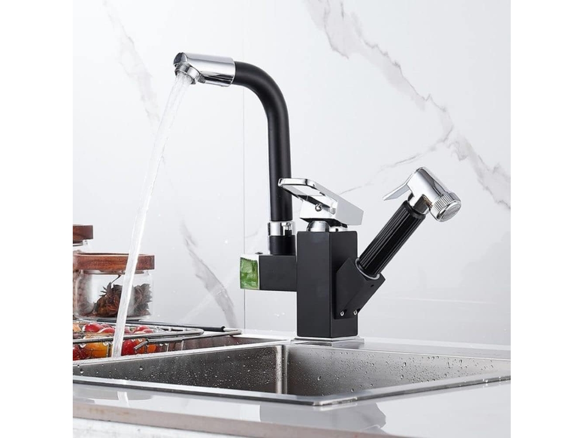 Torneira De Cozinha Preta Para Instalação Em Bancada Com Misturador Flexível Extensível.