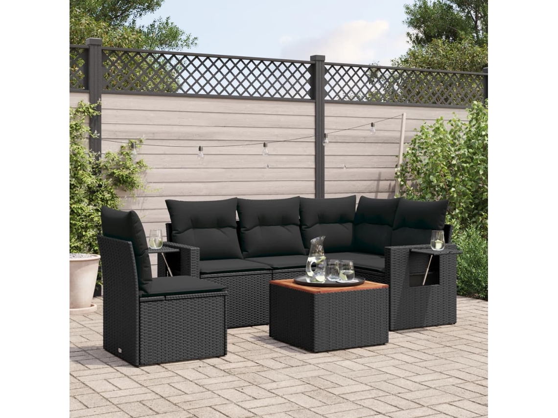 Vidaxl 6 Pcs Conjunto Sofás De Jardim C/ Almofadões Vime Pe Preto