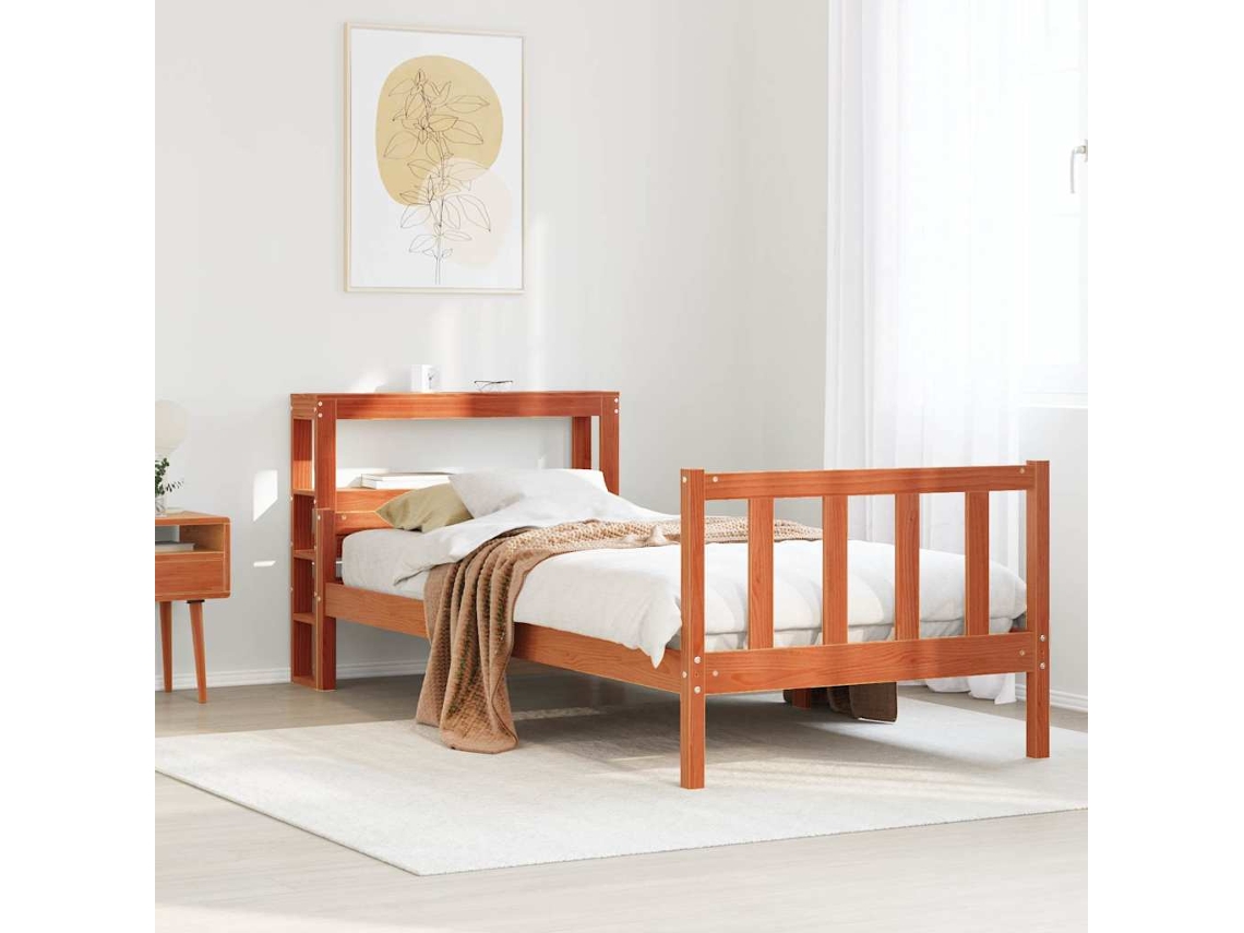 Vidaxl Estrutura Cama C/ Cabeceira 75x190 Cm Pinho Maciço Castanho-mel