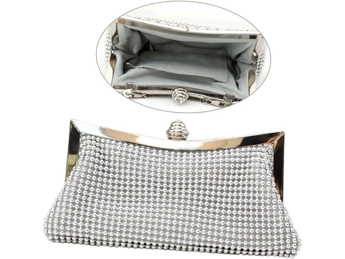 Bolsa Feminina Adornada Com Strass Prateados, Estilo Corrente, Elegante Clutch Para A Noite...