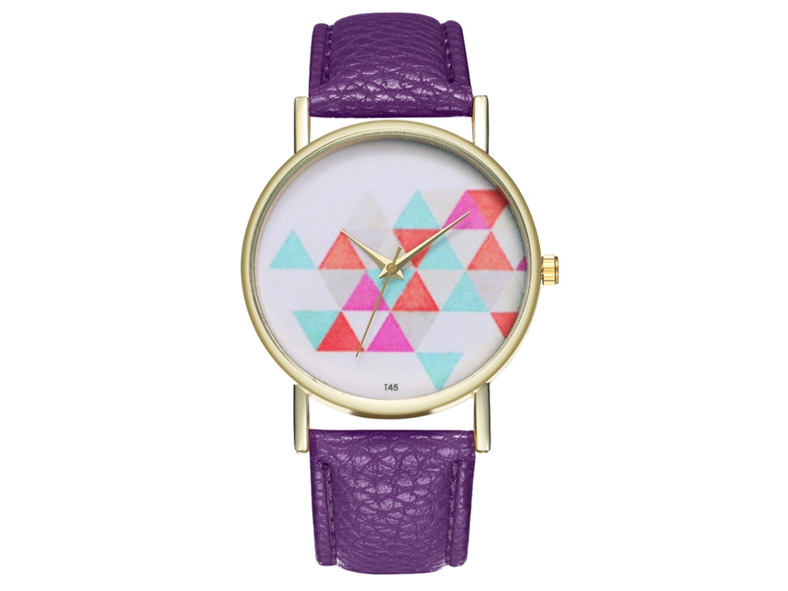 Relógio de quartzo unissex moderno com pulseira de couro PU e mostrador roxo simples.