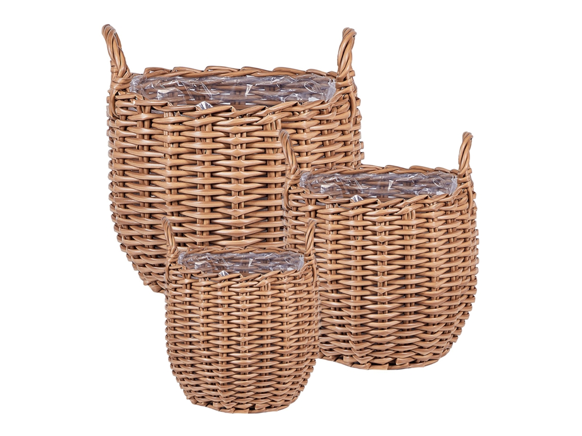 Conjunto De 3 Macetas De Mimbre Beliani Aucuba De Ratán Sintético Marrón 44x44x38