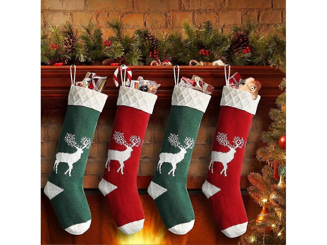 Pacote Com 4 Meias De Natal De Tricô, 18 Polegadas, Estampa De Rena, Vermelho E Verde, Para Festa De Natal. Loja Olysi