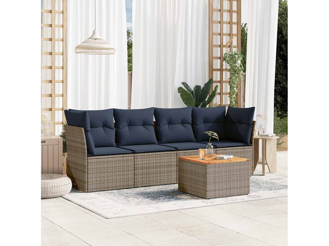 Vidaxl 5 Pcs Conjunto Sofás P/ Jardim C/ Almofadões Vime Pe Cinzento