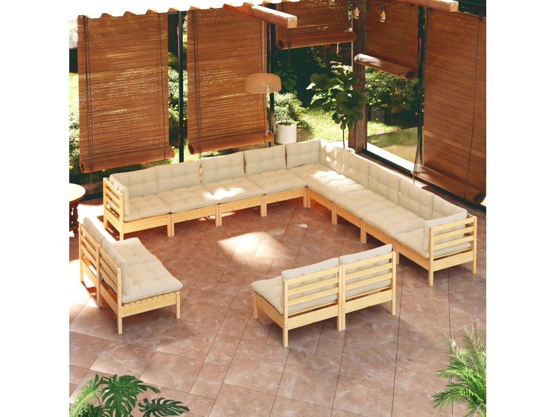 Vidaxl 13 Pcs Conjunto Lounge Jardim C/ Almofadões Creme Pinho Maciço