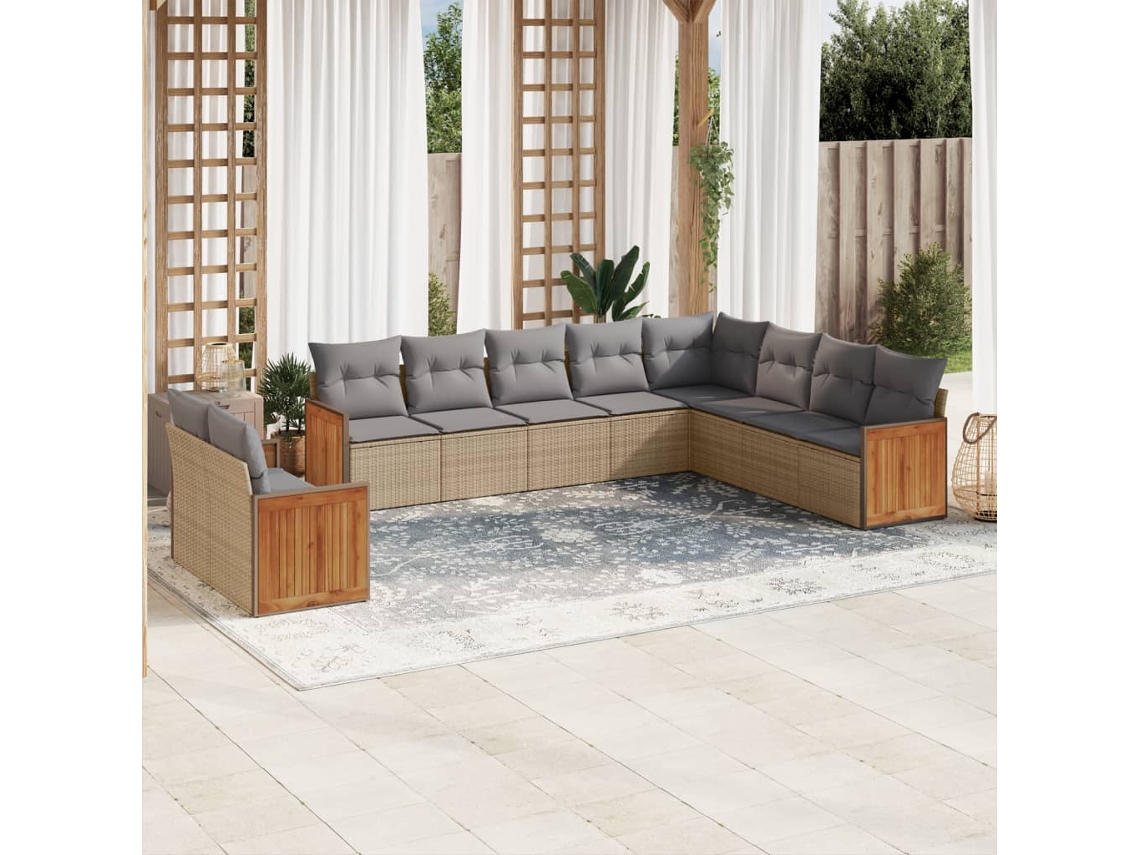 10 Pcs Conjunto De Sofás P/ Jardim Com Almofadões Vime Pe Bege Dkd Home Decor