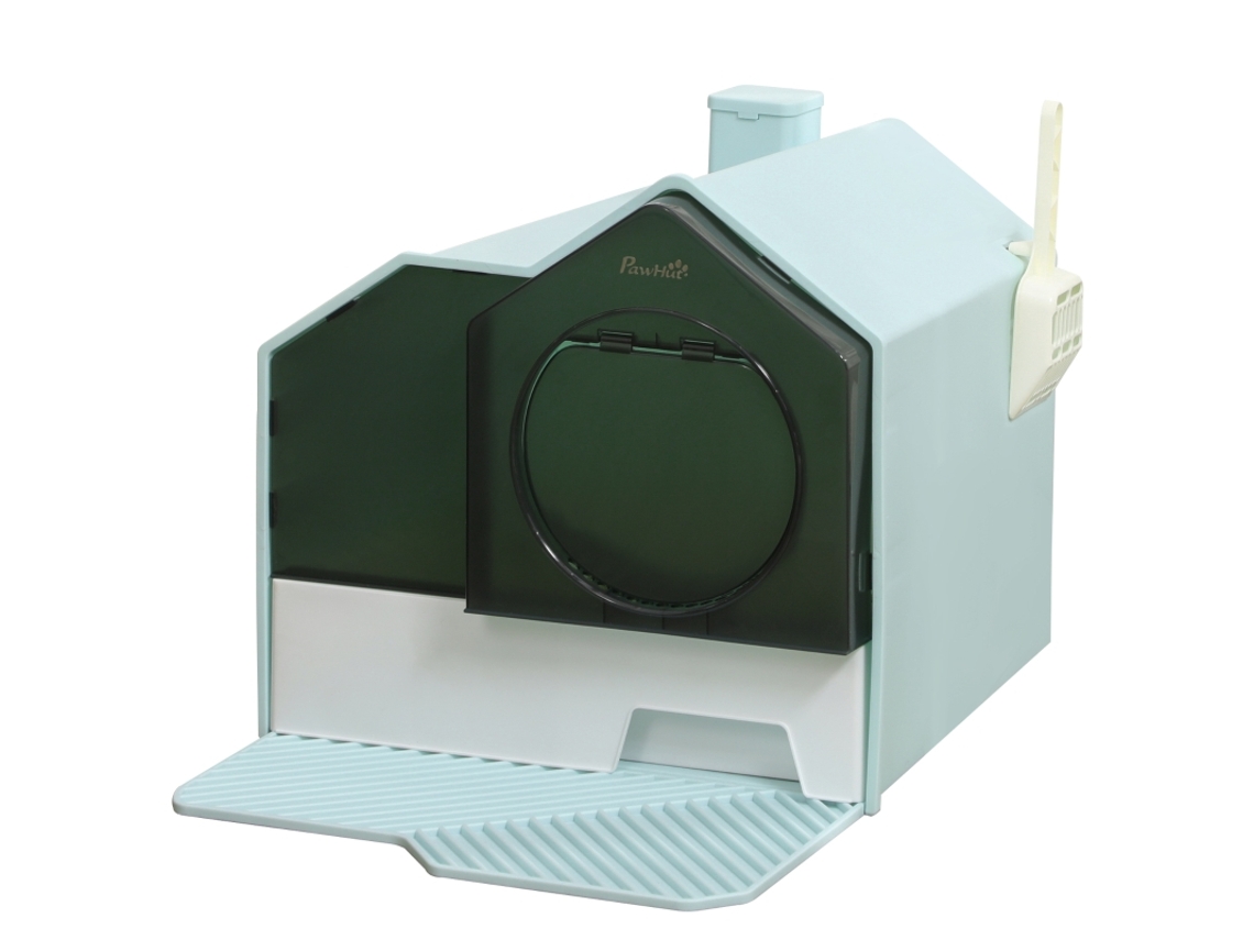 Caixa de Areia para Gatos, Design de Cabana, Tapete Peneirador, Pá, Bandeja Removível, Verde