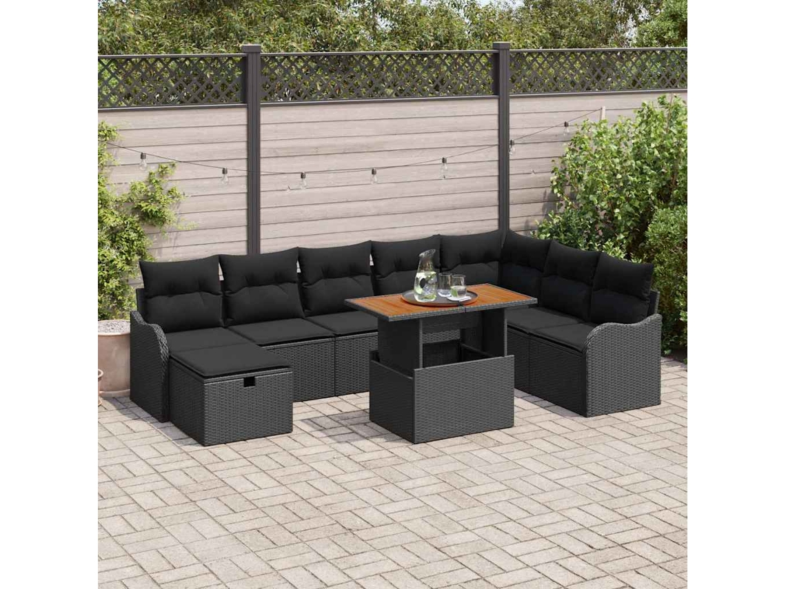 Vidaxl Conjunto De Sofá De Jardim Com Almofada 9 Pcs Preto Vime Pe