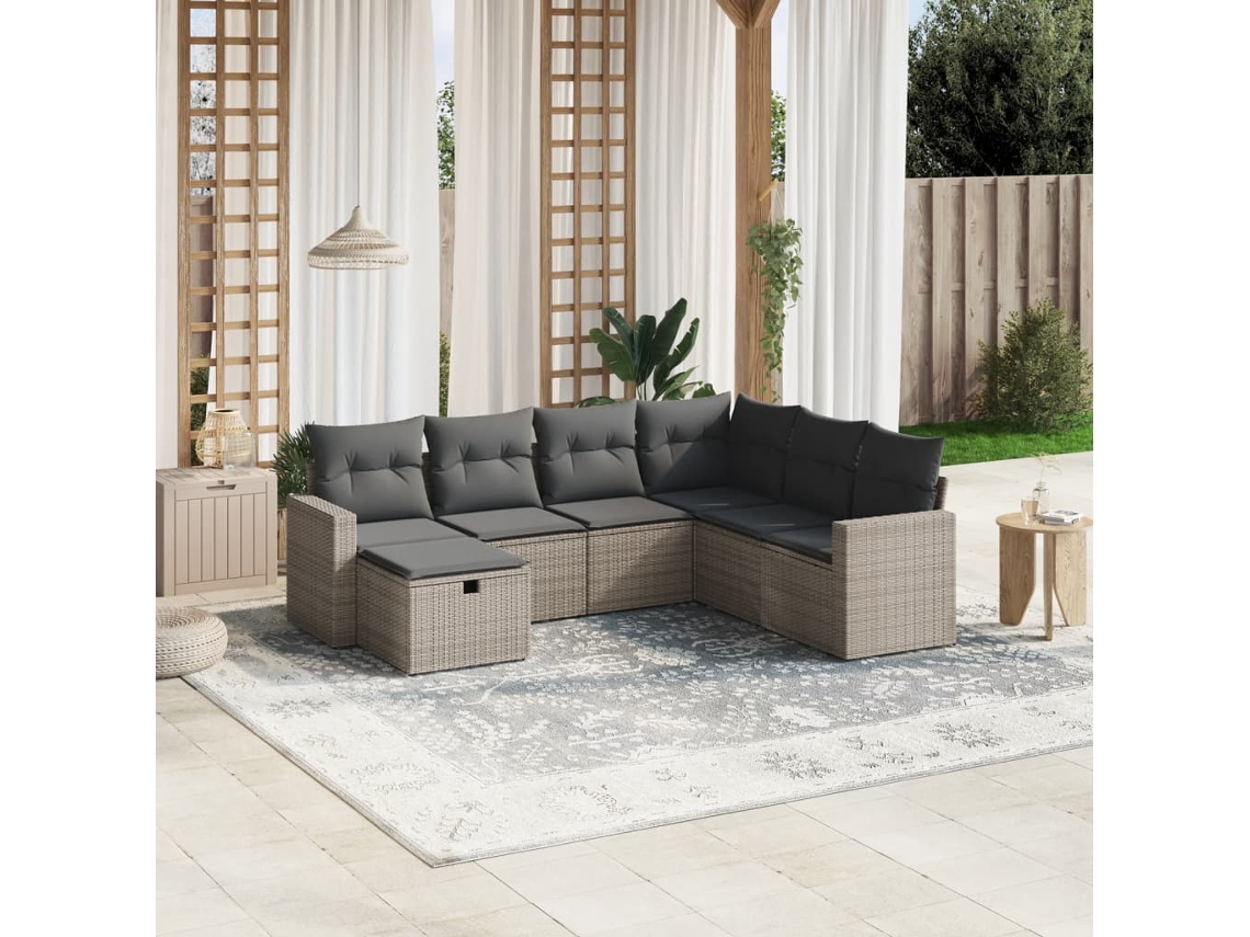 Vidaxl 7 Pcs Conjunto Sofás P/ Jardim C/ Almofadões Vime Pe Cinzento