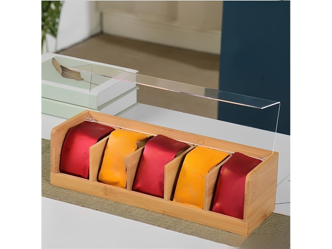 Porta Sachês Rituals, Caixa Chá 5 Divisões, Tampa Plástica, 36x11x10 Cm, Bambu E Madeira