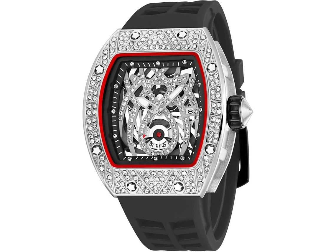 Masculino Bling Punk Diamante Cristal Quartzo Analógico Pulseira de Silicone Relógio de Pulso Desportivo