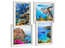 Composição De Quadros Na Parede Vistas Costeiras, Casas Coloridas Moldura Branca Quadros Para O Escritório Espelharte (conjunto De 4 Imagens)