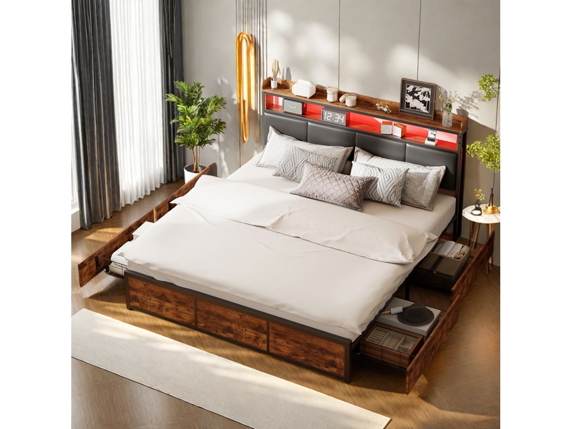 Cama 160x200 Cm com Gavetas em Veludo Bege, Usb, Iluminação Led, SIMURQ