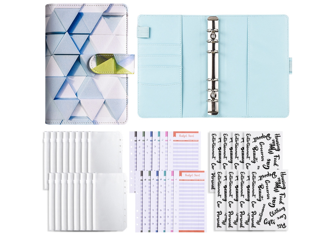 A6 Macaron Print Square Pu Notebook, Refillable Cash Budget Binder, Standard Gift Set Light Blue Square 12-budget Cards