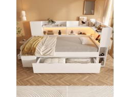 Beliche Dia 90x190cm Led, Usb c, Gavetas, Prateleiras, Base, Sem Colchão, 120kg, Branco KOMHTOM