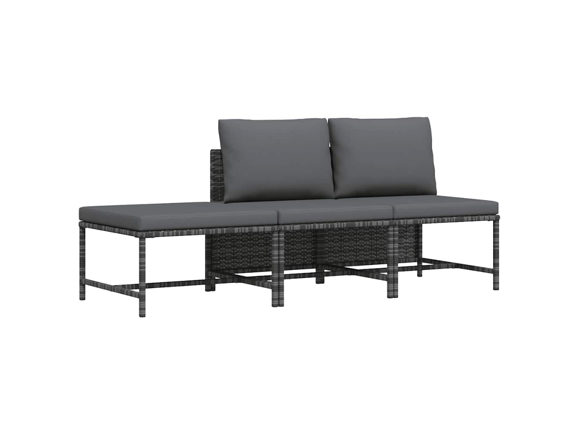 Vidaxl 3 Pcs Conjunto Sofás De Jardim C/ Almofadões Vime Pe Cinzento
