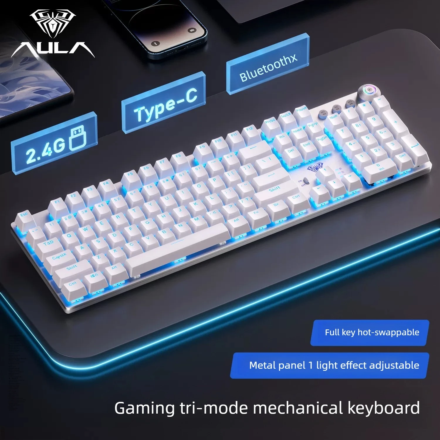 Teclado Mecânico (switch Branco/verde), Sem Fio Bluetooth 2.4g, Para Jogos De Pc.