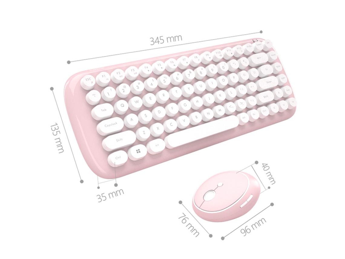 Conjunto De Teclado E Mouse Sem Fios 2.4 Ghz, Com Teclas Redondas Retrô, Layout Moderno E Na Cor Rosa Pastel.