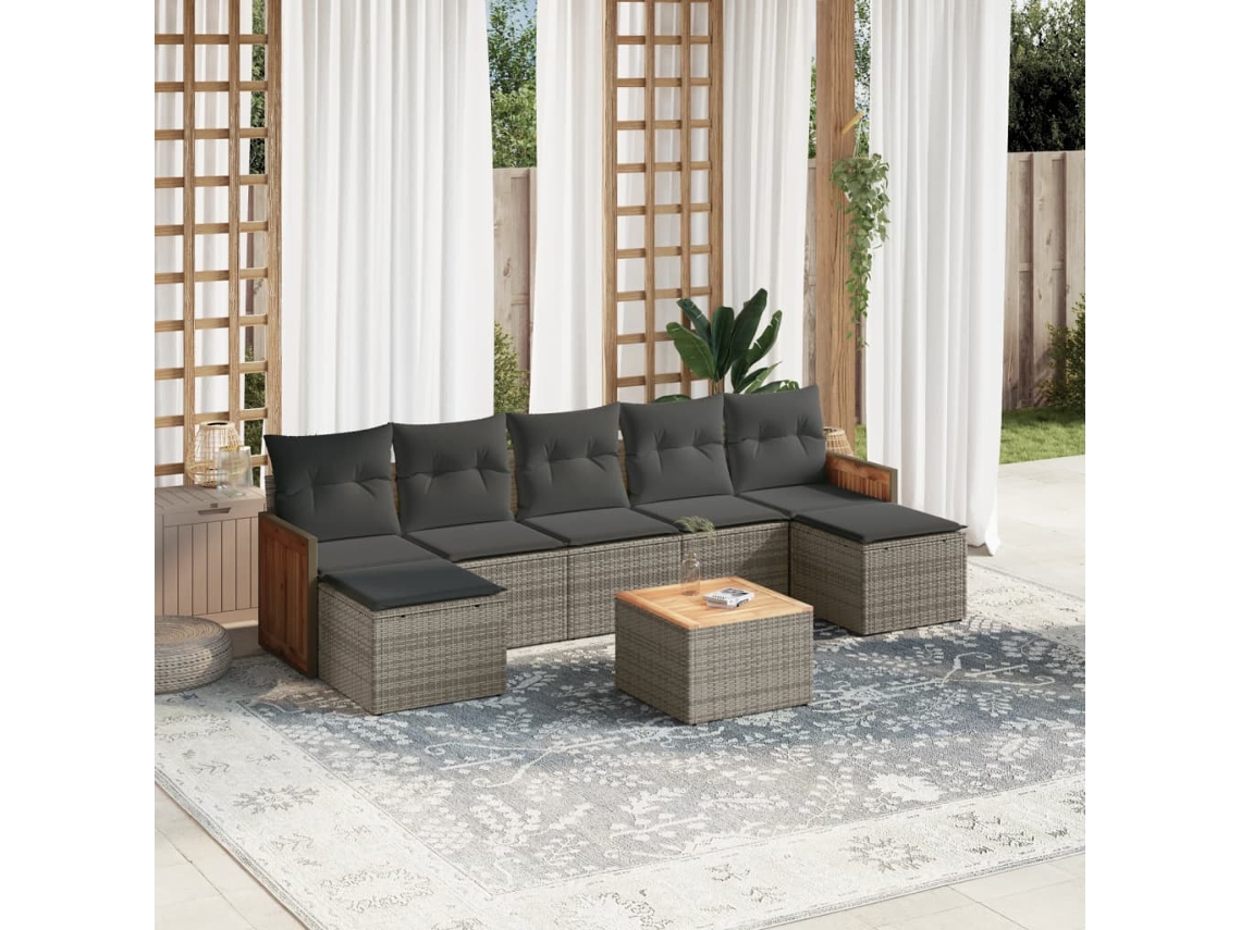 Vidaxl 8 Pcs Conjunto Sofás De Jardim C/ Almofadões Vime Pe Cinzento