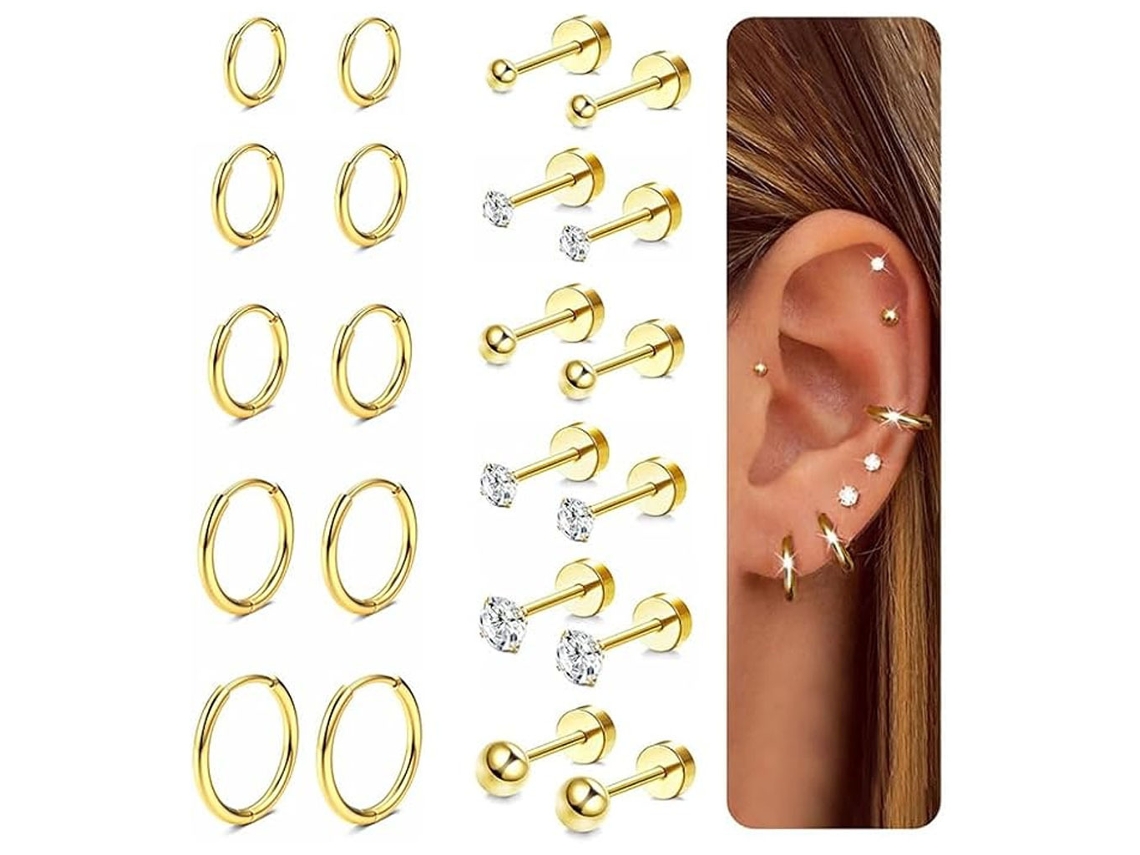 Brincos, 11 Pares De Brincos De Aço Inoxidável, Unissex, Para Orelhas Sensíveis (dourado) Spqment
