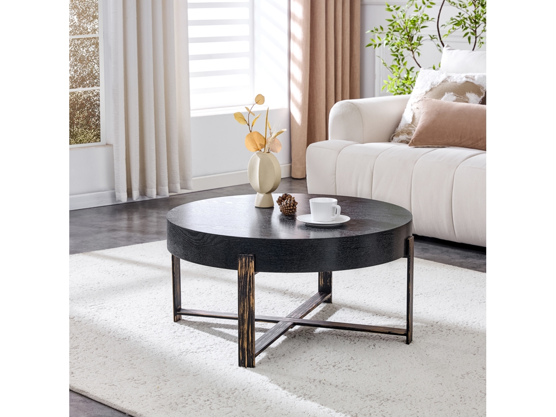 Mesa Centro Redonda 68cm Industrial Mdf Madeira Preta Bronze